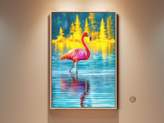 Tropical flamingo canvas art displayed in a room setting. This artwork features a pink flamingo in blue water against a yellow pine tree landscape. The nature wall hanging adds an eclectic touch to any bedroom decor. It is a perfect gift for bird lovers.