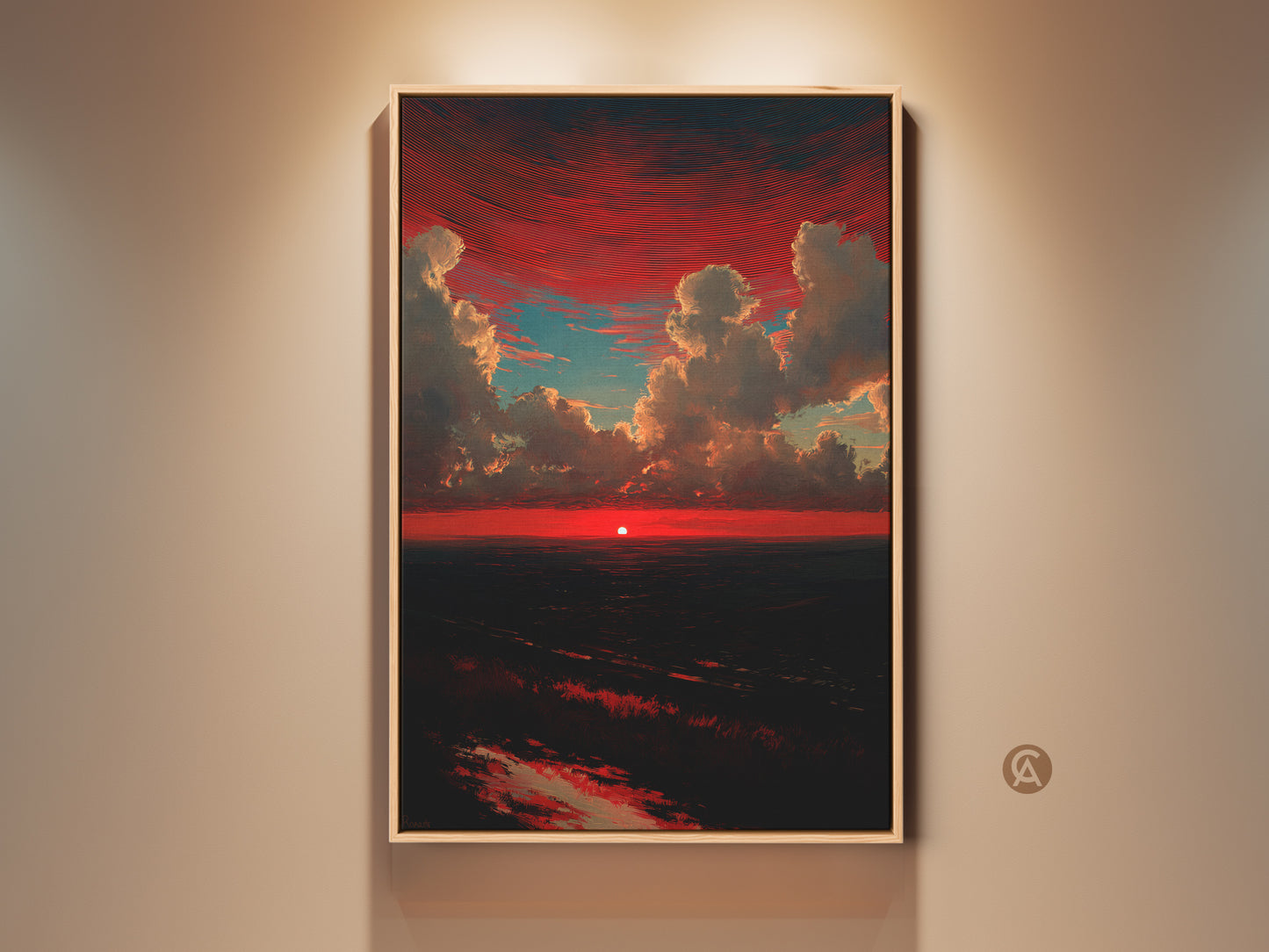 Dramatic crimson sunset canvas art displayed in a room setting. This red and teal skyscape wall art brings a contemporary landscape feel to any bedroom. A perfect housewarming gift for him. The artwork features a striking red sky with teal clouds adding bold color and artistic flair.