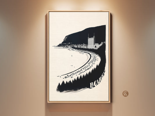 Framed black and white coastal town art print. This vintage seaside landscape canvas wall art makes a great travel enthusiast gift for home decor. Features a minimalist graphic travel poster.