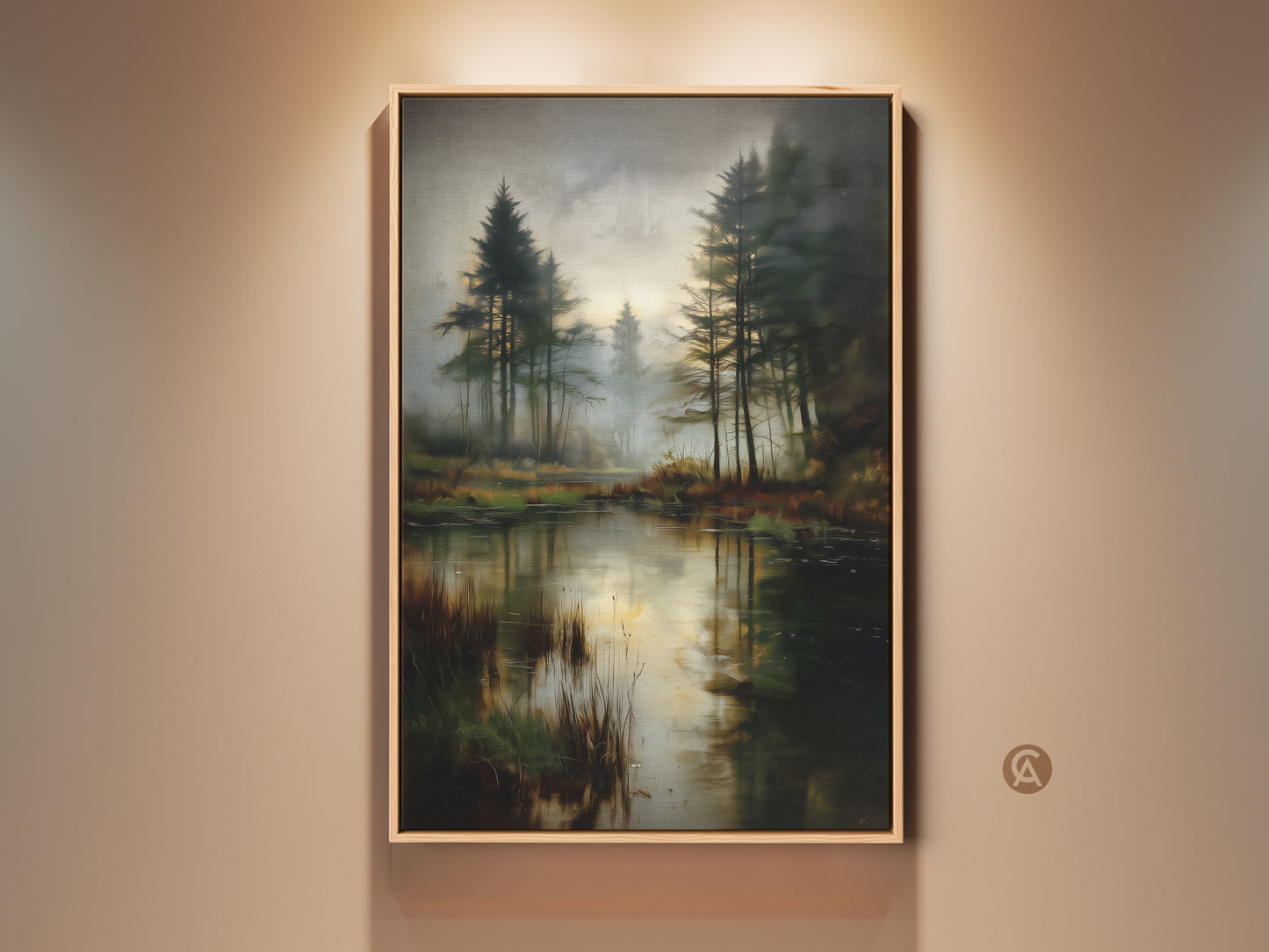 Misty Pine Forest Lake canvas artwork in a rustic frame hangs on a beige wall. The deep green nature print adds a serene touch. This landscape wall decor is a housewarming gift idea. The earthy brown tones enhance the peaceful forest scenery.