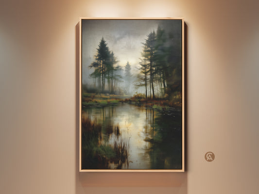 Misty Pine Forest Lake canvas artwork in a rustic frame hangs on a beige wall. The deep green nature print adds a serene touch. This landscape wall decor is a housewarming gift idea. The earthy brown tones enhance the peaceful forest scenery.