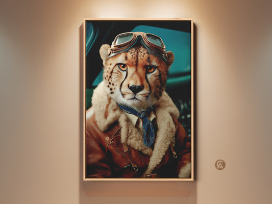 A framed digital art print presents a surreal portrait. It features a cheetah dressed as an aviator with goggles and a leather jacket. The artwork with its brown orange teal colors adds an eclectic touch to any room.