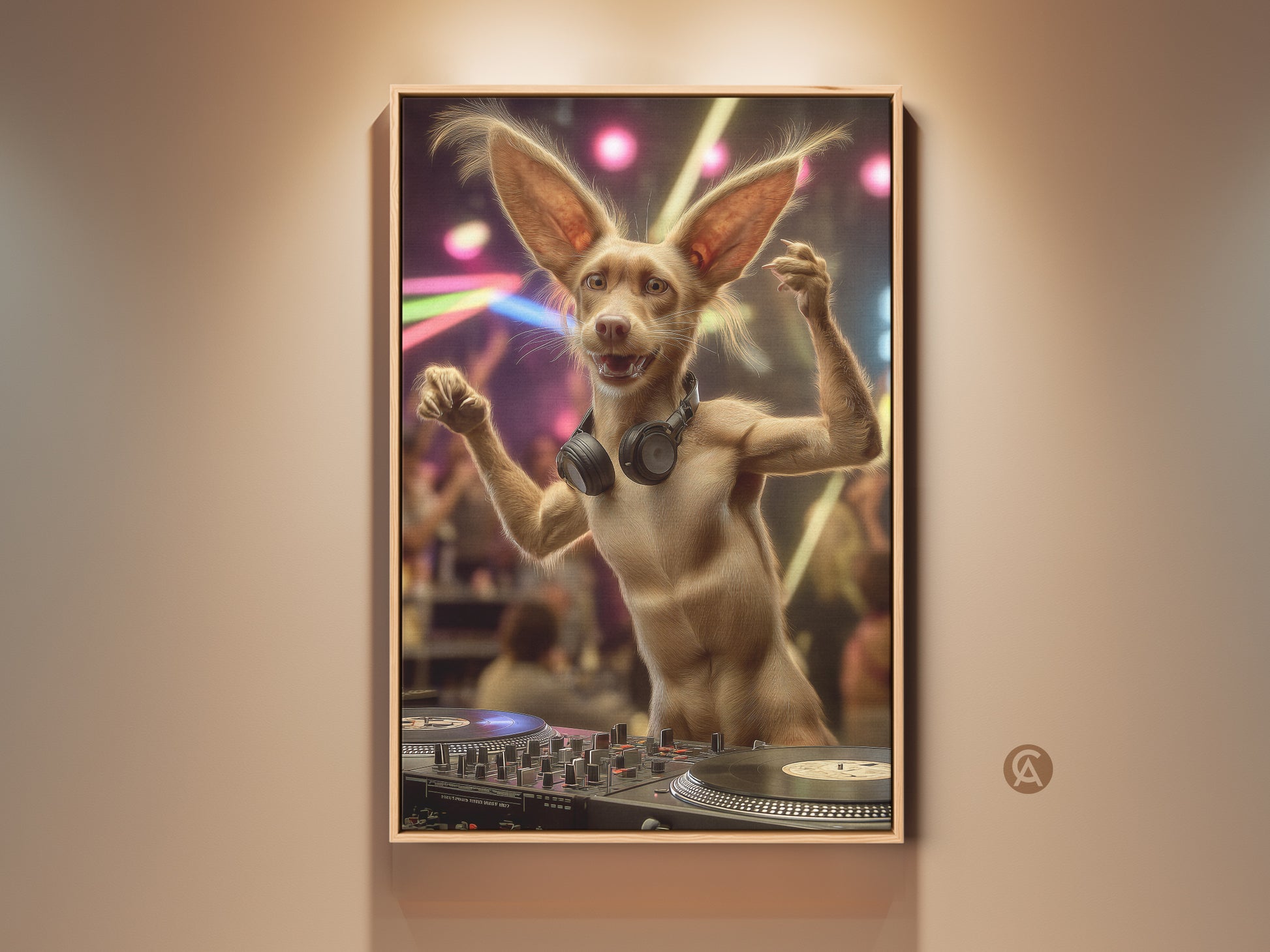 Funny DJ dog canvas art print. This eclectic animal wall art is the perfect gift for music lovers. Add a dose of humor and eclectic style to any entertainment room or home bar.