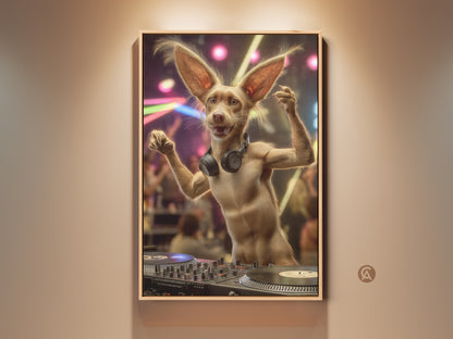 Funny DJ dog canvas art print. This eclectic animal wall art is the perfect gift for music lovers. Add a dose of humor and eclectic style to any entertainment room or home bar.