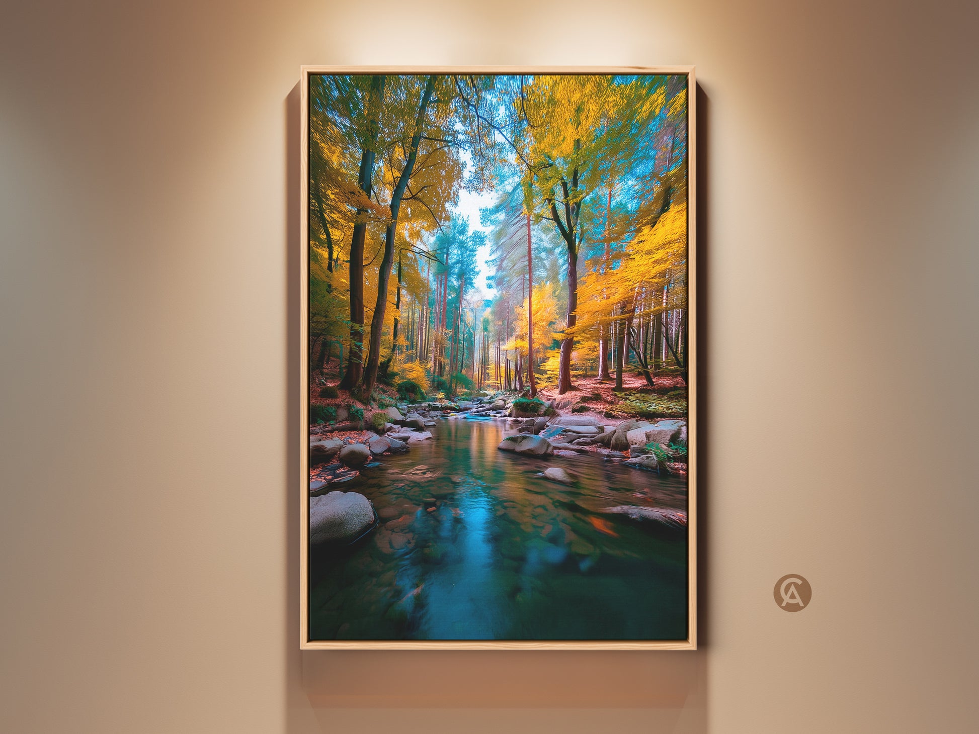 Experience the tranquility of nature with this framed forest stream art. The golden trees reflect in the water creating a serene scene. This wall art brings the beauty of the outdoors into your home. Perfect for adding a touch of peace to any room.