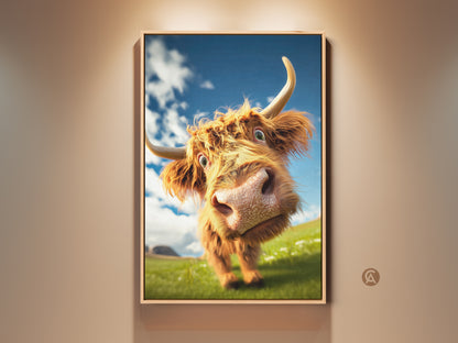 Rustic highland cow canvas art in a farmhouse style frame. The cute cow face artwork is an animal lover gift. Country bedroom decor with a blue sky background adds rustic charm.