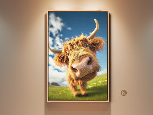 Rustic highland cow canvas art in a farmhouse style frame. The cute cow face artwork is an animal lover gift. Country bedroom decor with a blue sky background adds rustic charm.