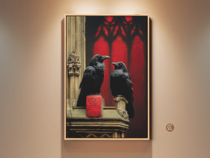Gothic Arch Raven Canvas Print for dark academia lovers. Two black ravens sit perched inside a gothic archway. Against a deep burgundy black the raven artwork will enhance your study Halloween decor.