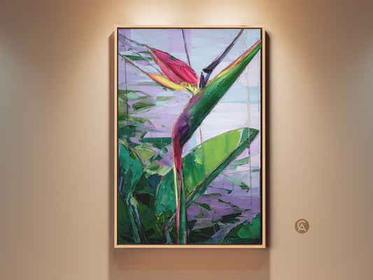 Framed abstract Bird of Paradise wall art displayed. It adds a tropical touch with botanical canvas print. Boho green pink and purple hues create a serene home decor accent. Perfect housewarming gift for art and plant lovers. The vibrant colors enhance any living room or bedroom decor.