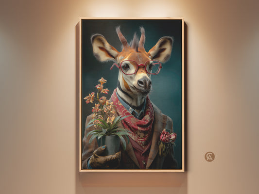 Vintage giraffe wall art in a brown frame. This botanical animal print showcases an eclectic office decor style. This artwork makes a unique gift for animal lovers and is perfect for a study room. A dapper giraffe wears spectacles a tweed jacket and a red scarf. The giraffe holds an orchid adding botanical charm.