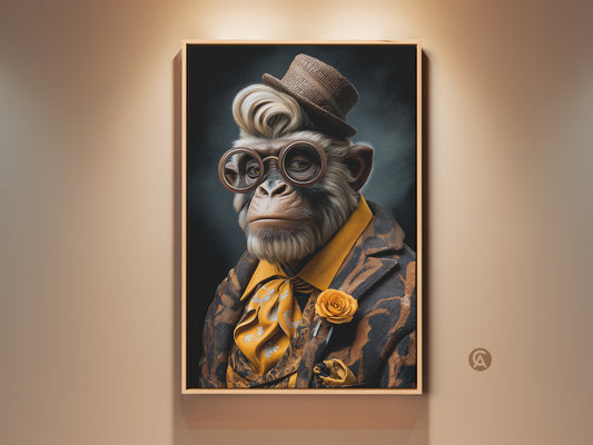 Vintage monkey businessman print. A retro dapper animal portrait for unique wall art. Eclectic office decor with yellow orange and brown artwork. This piece is a distinctive gentleman monkey print. Perfect for adding quirky charm to any space.
