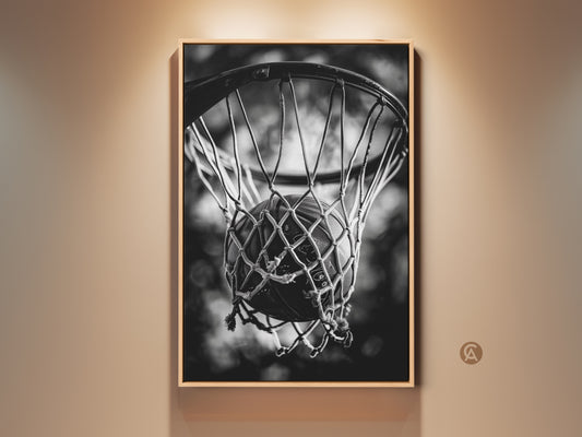 Framed basketball art in a room setting. The artwork is matted with a thin frame. It features a basketball swishing through a net. The black and white photo gives a classic look. Decorate your space with sports-themed wall decor.