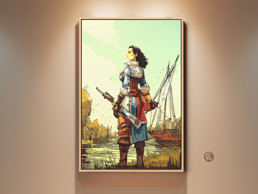 Female Pirate Captain with Sailing Ship art print in a wooden frame. Nautical adventure artwork for eclectic home or brown and teal office decor. This piece is a unique gift for history buffs. It shows storytelling through wall decor and maritime themes in a vintage comic style.