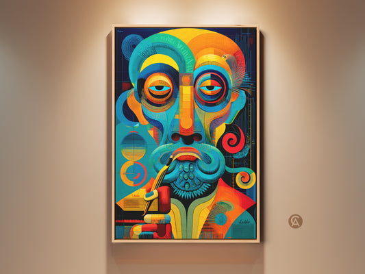 Eclectic abstract man portrait canvas print. Teal blue orange geometric artwork adds a modern touch to your study room or office. This unique art is a great gift for art collectors.