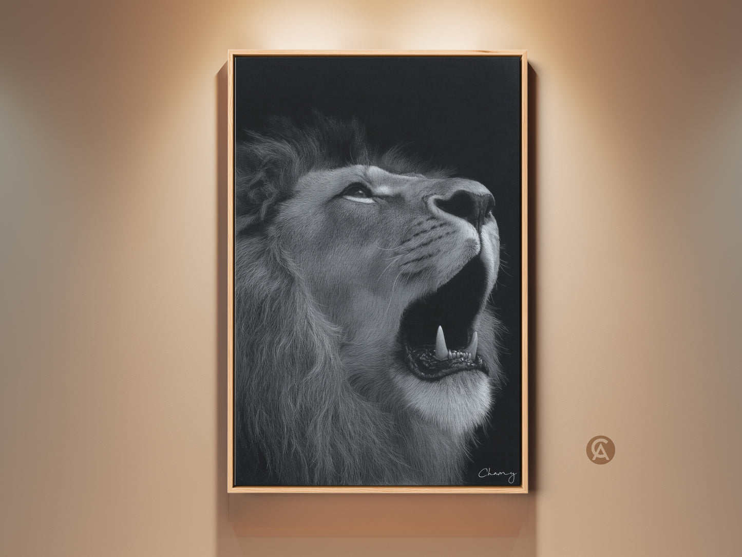 Stunning photorealistic lion canvas art in black and white. This monochrome wildlife art captures a roaring lion in incredible detail. This contemporary home decor adds sophistication to any space. Perfect gift for animal lovers Photorealistic animal wall decor.