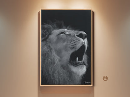 Stunning photorealistic lion canvas art in black and white. This monochrome wildlife art captures a roaring lion in incredible detail. This contemporary home decor adds sophistication to any space. Perfect gift for animal lovers Photorealistic animal wall decor.