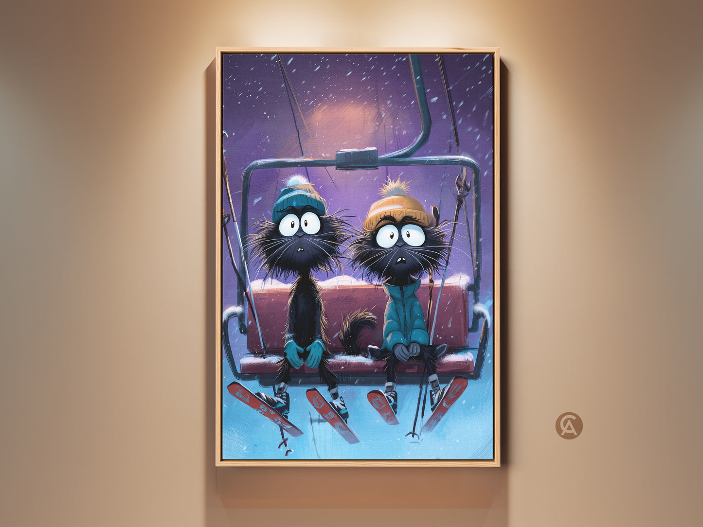 Add a touch of winter charm with this funny cat ski lift canvas art. The teal orange purple artwork features a whimsical cat couple print. This is perfect eclectic home decor for cat lovers. The cartoon cat artwork brings a smile and adds color to any space. It is ideal for a unique cat themed gift.