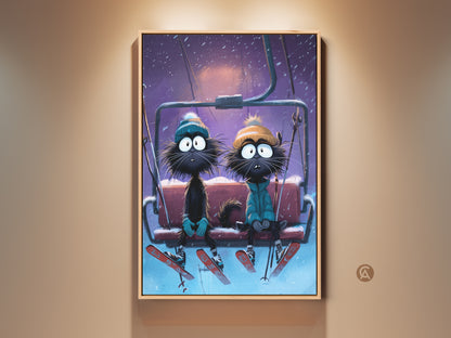 Add a touch of winter charm with this funny cat ski lift canvas art. The teal orange purple artwork features a whimsical cat couple print. This is perfect eclectic home decor for cat lovers. The cartoon cat artwork brings a smile and adds color to any space. It is ideal for a unique cat themed gift.