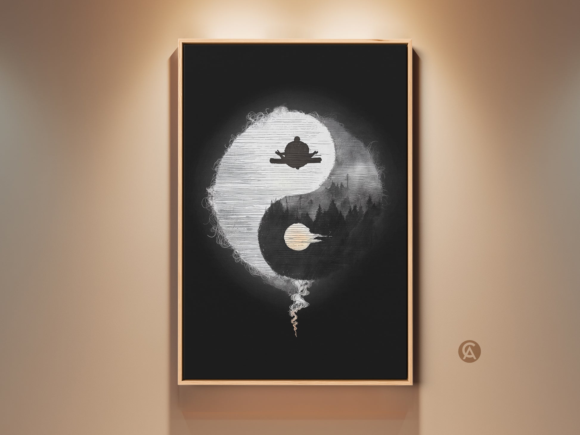 Framed view of abstract Yin Yang Zen art. This minimalist spiritual artwork features a meditating figure and forest silhouette. Ideal black and white yoga decor for a mindful living space. Bring balance to your home or office with this canvas print.