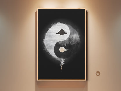 Framed view of abstract Yin Yang Zen art. This minimalist spiritual artwork features a meditating figure and forest silhouette. Ideal black and white yoga decor for a mindful living space. Bring balance to your home or office with this canvas print.