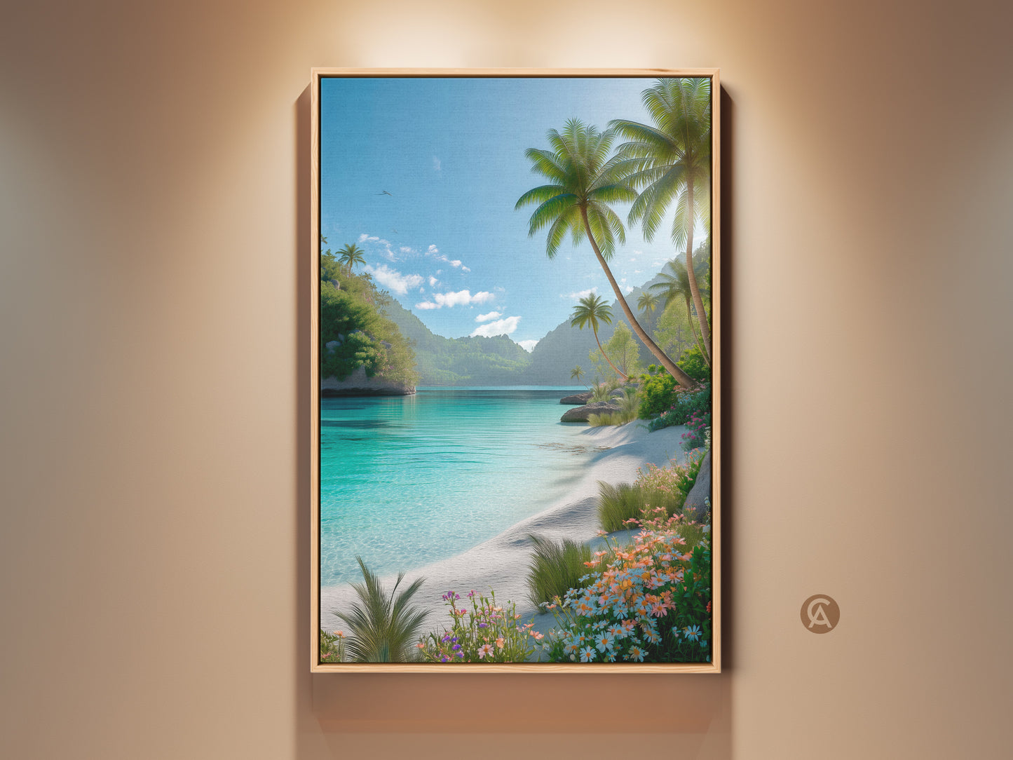 Framed beach artwork for sale. This tropical wall art shows turquoise water palm trees and flowers. The frame is a natural wood color. Perfect tropical artwork for any room.