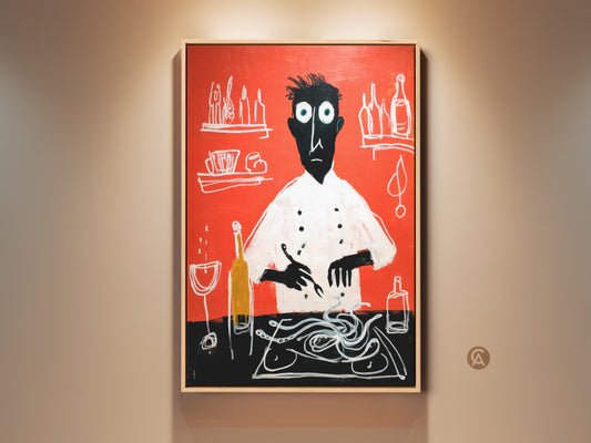 Stylized chef creates spaghetti in this modern folk art canvas print. Red background art adds eclectic charm to any kitchen or dining space. It's an ideal gift for home cooks and chefs adding personality to home decor. Abstract and figurative blend for a captivating piece of wall art.