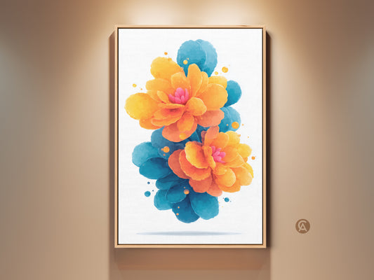 Framed Orange Peony Watercolor art is a unique housewarming present. Teal leaves contrast in this framed botanical artwork. The boho floral wall hanging creates a modern abstract print perfect for living room decor. This artistic flower print adds a bright color accent to any home