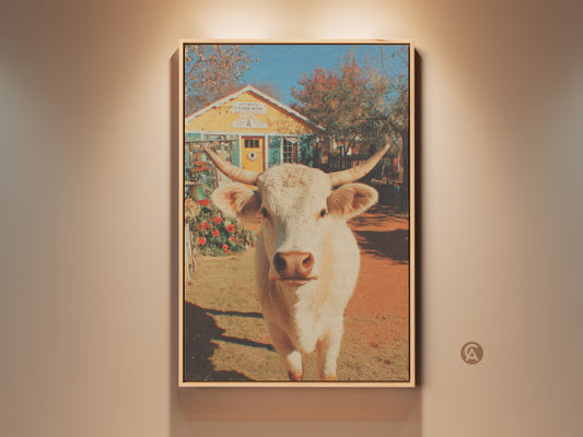 Framed canvas art of a Texas Longhorn cow. The cow is standing in front of a yellow building. The artwork has a vintage style. Buy this unique piece for your home. It is ready to hang.