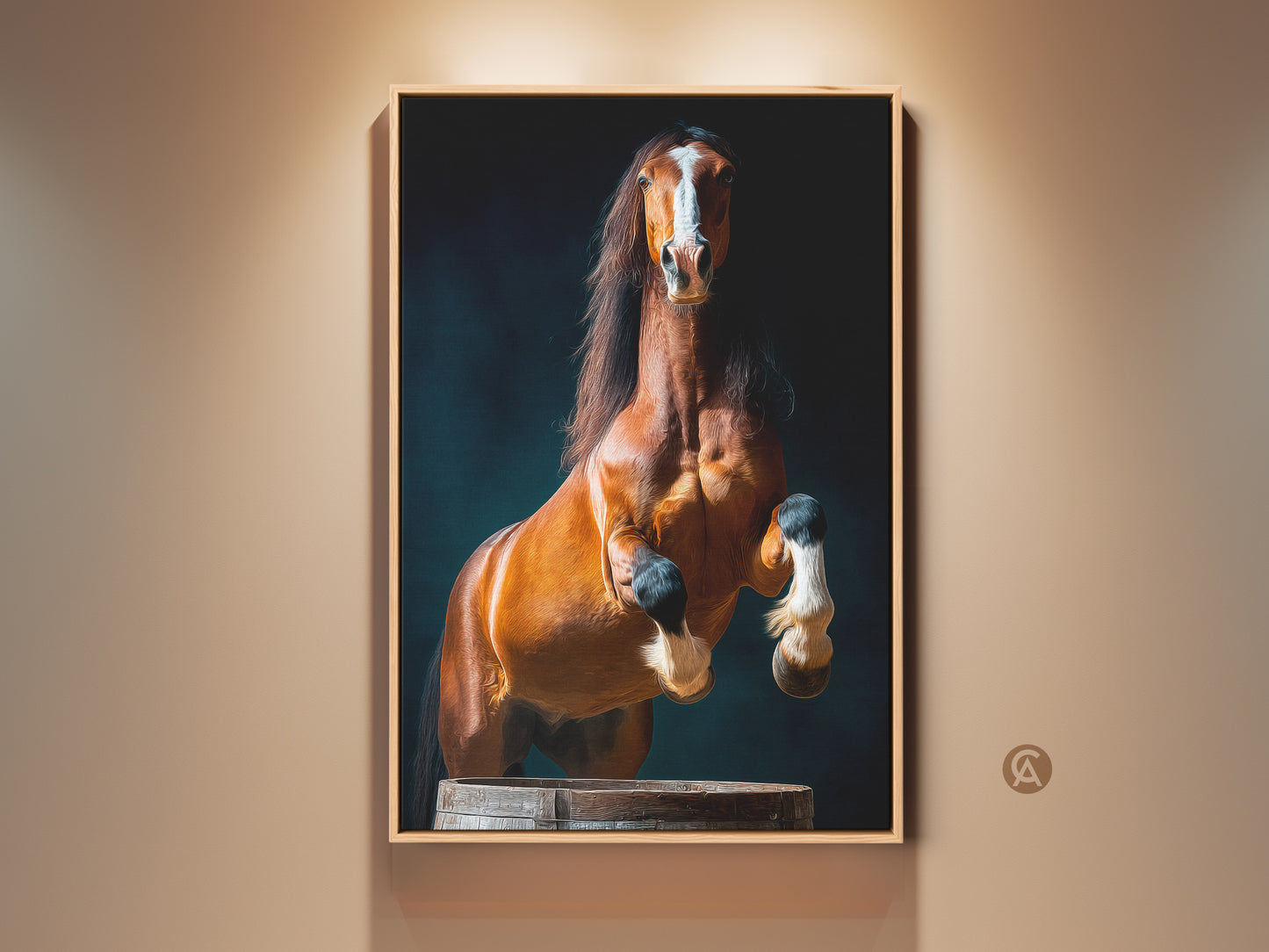 Framed rearing chestnut horse canvas art in a living room. The contemporary animal artwork is featured above a barrel for a dramatic effect. This fine art equine photography brings elegance and wildlife to residential spaces.