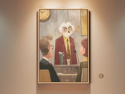 Eclectic owl judge presides over a courtroom scene in this art print. It's a funny lawyer gift idea for office wall decor. The brown yellow grey palette is versatile. It offers unique legal humor. This whimsical artwork adds character to any legal space.
