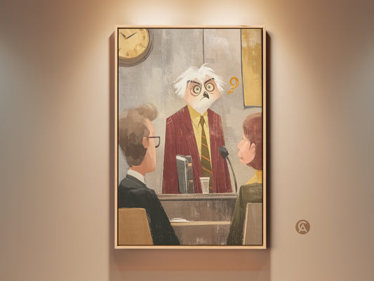 Eclectic owl judge presides over a courtroom scene in this art print. It's a funny lawyer gift idea for office wall decor. The brown yellow grey palette is versatile. It offers unique legal humor. This whimsical artwork adds character to any legal space.