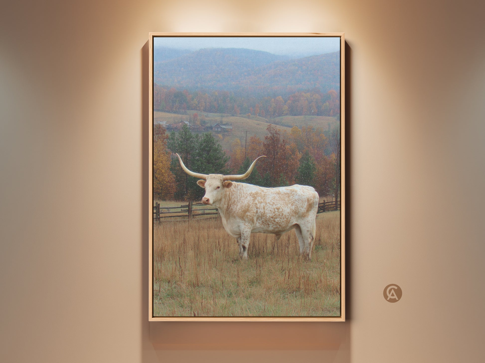Framed fine art print of a Longhorn in a field. The artwork is a scenic landscape. It features a white Longhorn with very long horns. The background shows fall colors and a light dusting of snow. Perfect for western art lovers.