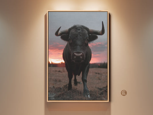 Framed rustic bull art print on a wall. It features a photorealistic animal in a farmhouse setting. The black bull artwork contrasts with the red sunset sky. Ideal bedroom home gift for wildlife and country lovers.