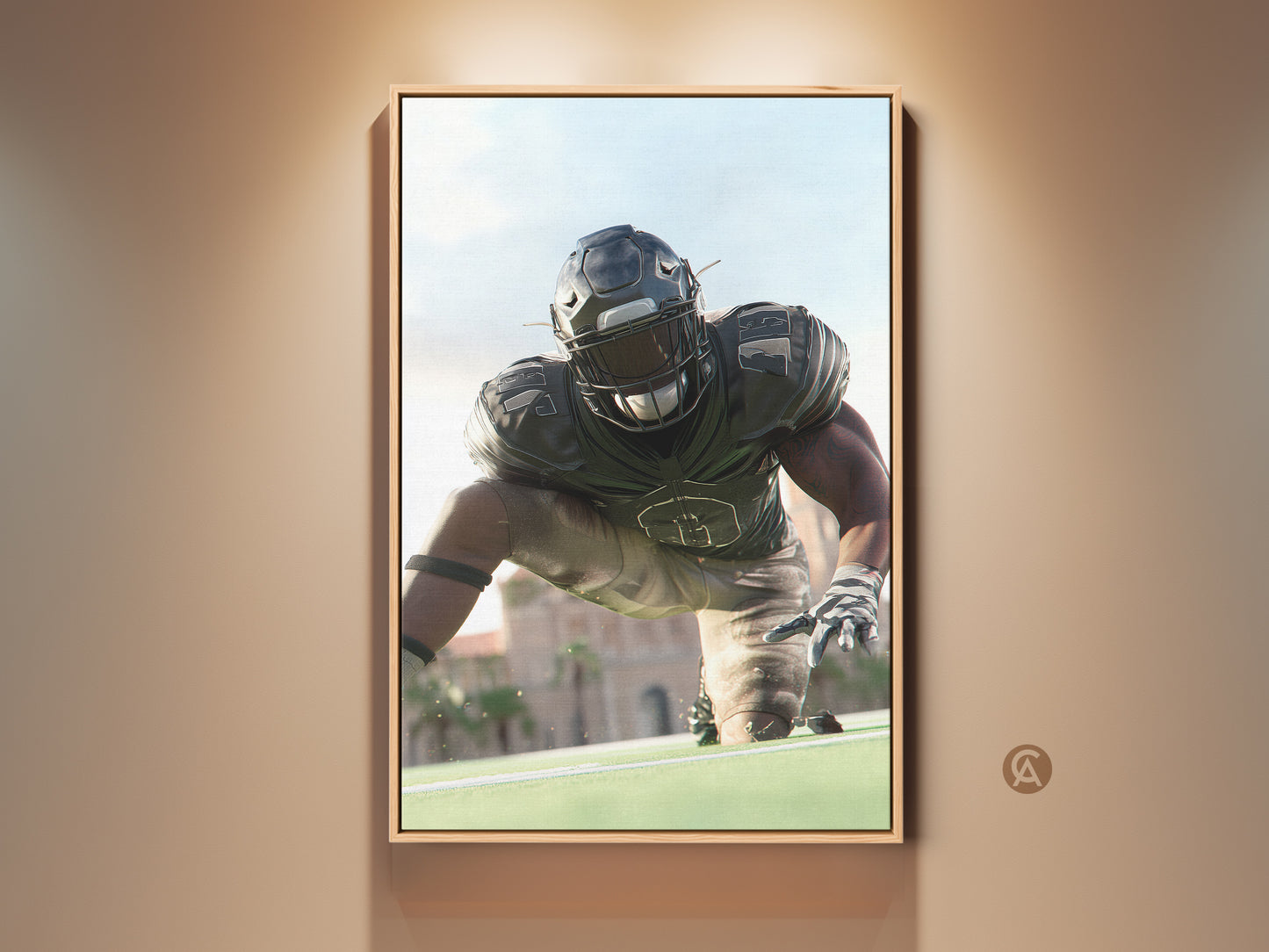 Realistic American Football Player Canvas Print. Dynamic sports artwork for a man cave or office. This piece features a player in action ready to tackle. It's a great gift for sports fans. The artwork has black gray and green colors. Add athletic energy to your space with this striking sports decor.