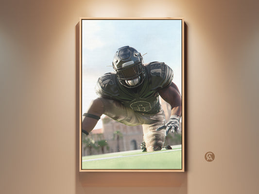 Realistic American Football Player Canvas Print. Dynamic sports artwork for a man cave or office. This piece features a player in action ready to tackle. It's a great gift for sports fans. The artwork has black gray and green colors. Add athletic energy to your space with this striking sports decor.
