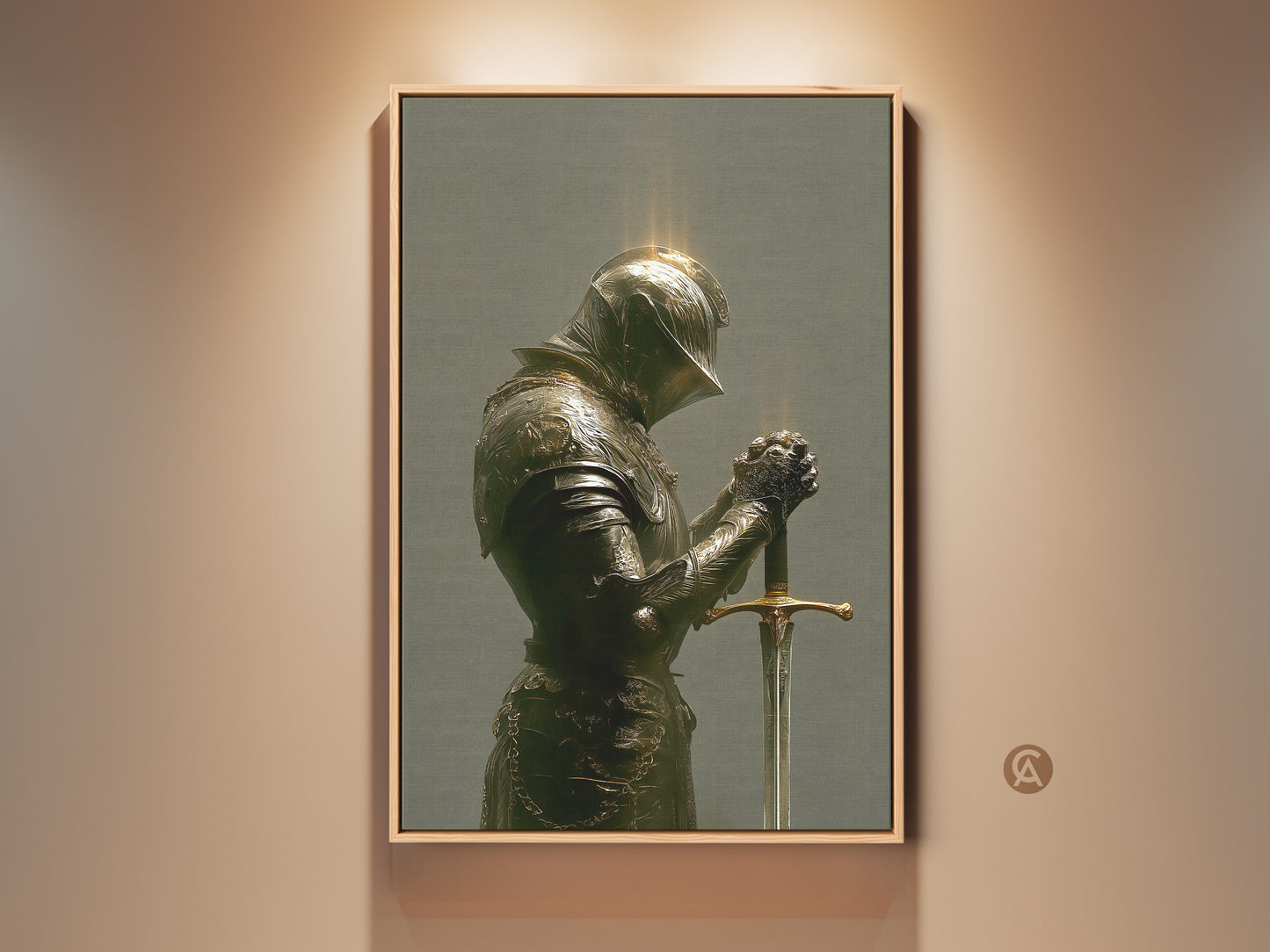 Gothic Knight wall art in bronze green and gold tones. The medieval armor print brings dark academia style to a study room. A history buff gift idea. The knight holds a sword in contemplation and strength a unique eclectic home wall decor.
