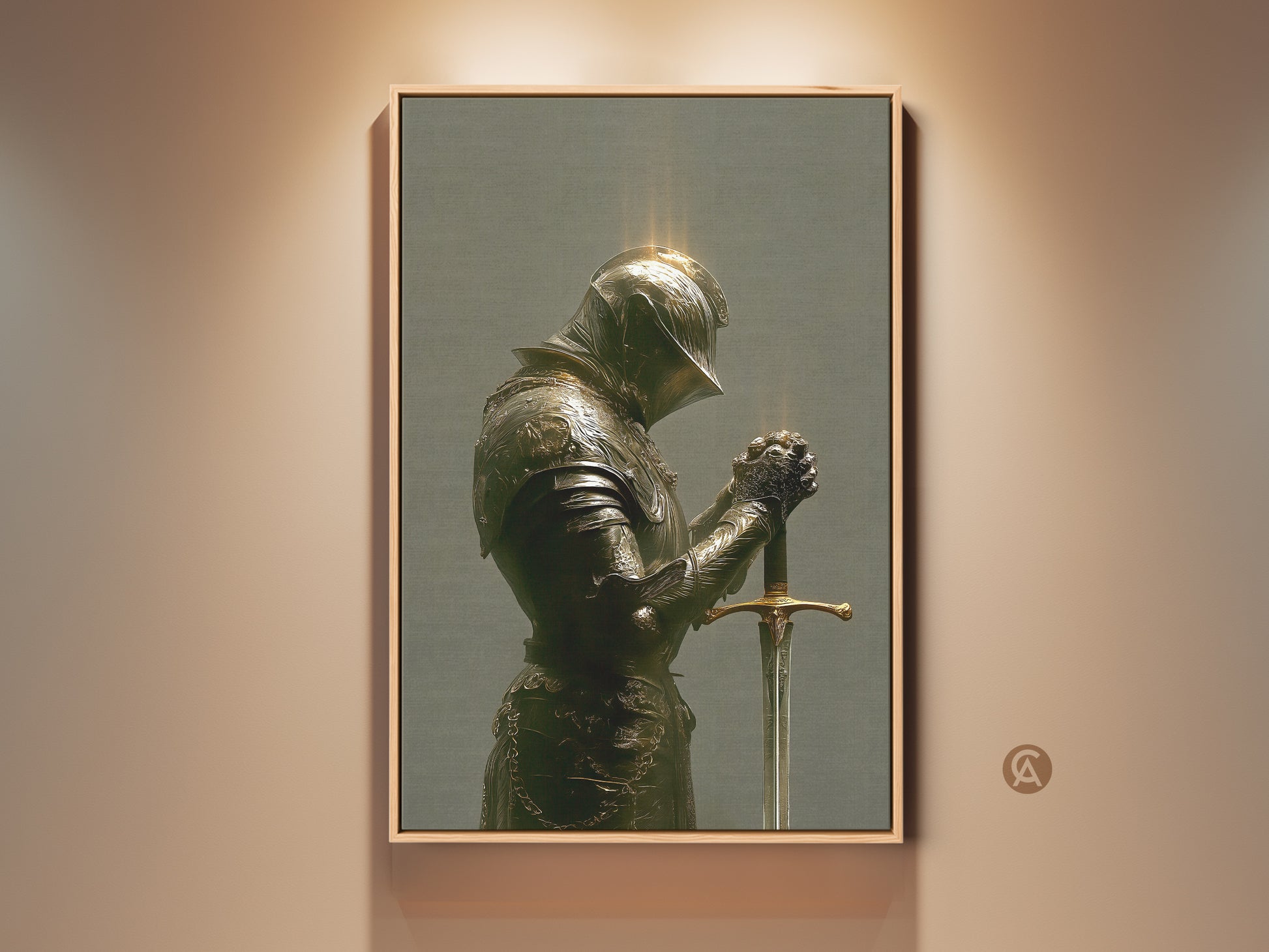 Gothic Knight wall art in bronze green and gold tones. The medieval armor print brings dark academia style to a study room. A history buff gift idea. The knight holds a sword in contemplation and strength a unique eclectic home wall decor.