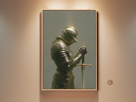 Gothic Knight wall art in bronze green and gold tones. The medieval armor print brings dark academia style to a study room. A history buff gift idea. The knight holds a sword in contemplation and strength a unique eclectic home wall decor.