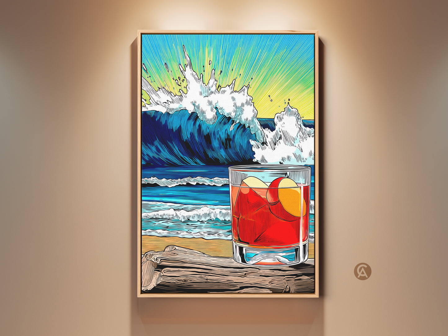 Framed Coastal Cocktail Art Print. Beach Wave Drink Canvas Wall artwork. A retro Pop artwork kitchen poster. The red drink sits on a beach with a massive wave. A perfect bar decor gift.