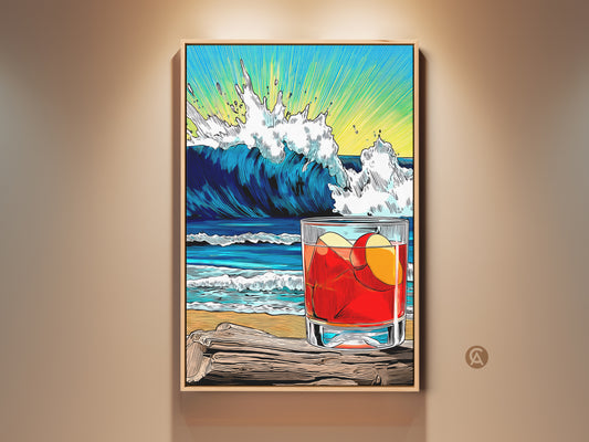 Framed Coastal Cocktail Art Print. Beach Wave Drink Canvas Wall artwork. A retro Pop artwork kitchen poster. The red drink sits on a beach with a massive wave. A perfect bar decor gift.