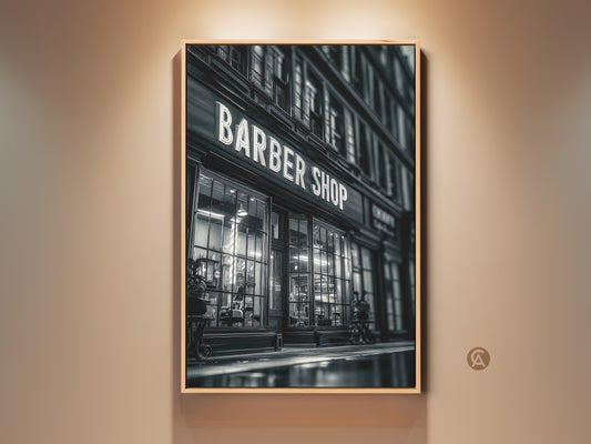 A striking black and white photograph presents a vintage barbershop. The shop's bright neon sign reads "BARBER SHOP". This artwork adds a touch of classic urban style to any room. Perfect for those who appreciate timeless aesthetics and quality craftsmanship.