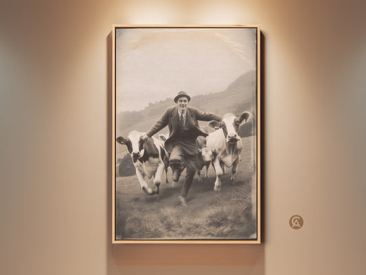 Framed artwork of a man running with cows. The sepia-toned photo print has a vintage feel. This unique wall art adds character to any room. Perfect for animal lovers. The light wood floating frame enhances the artwork's rustic charm.