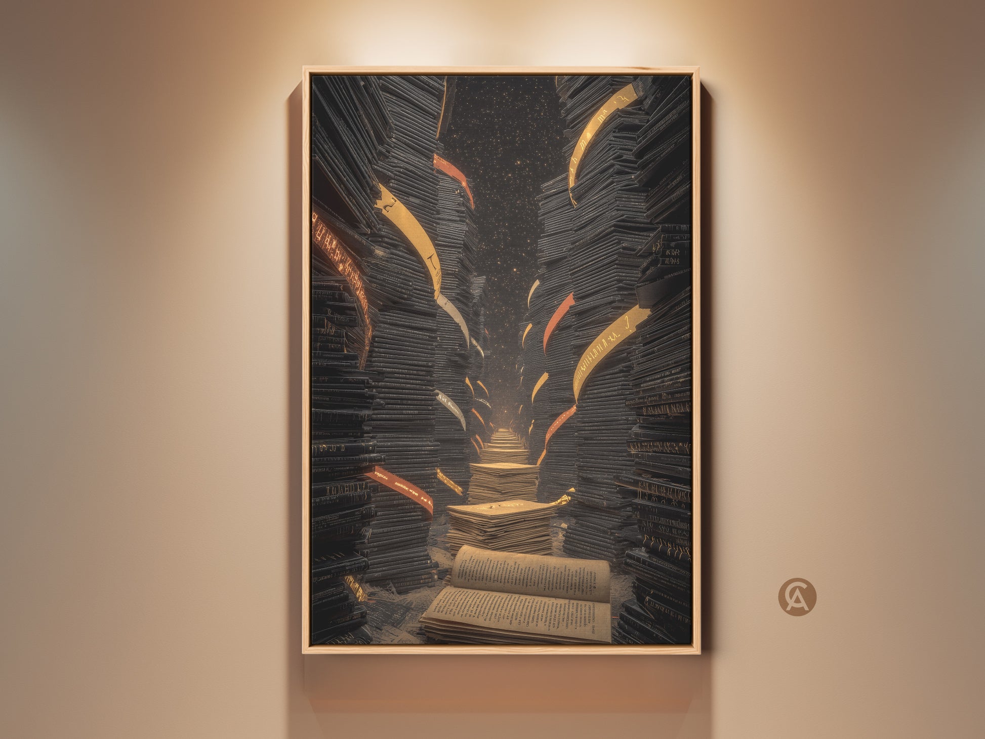 Conceptual surreal art print featuring a library staircase. Books are the main subject with a black gold and orange color scheme. Eclectic style study room decor. It is a great gift for book lovers.