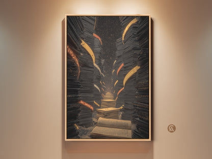 Conceptual surreal art print featuring a library staircase. Books are the main subject with a black gold and orange color scheme. Eclectic style study room decor. It is a great gift for book lovers.