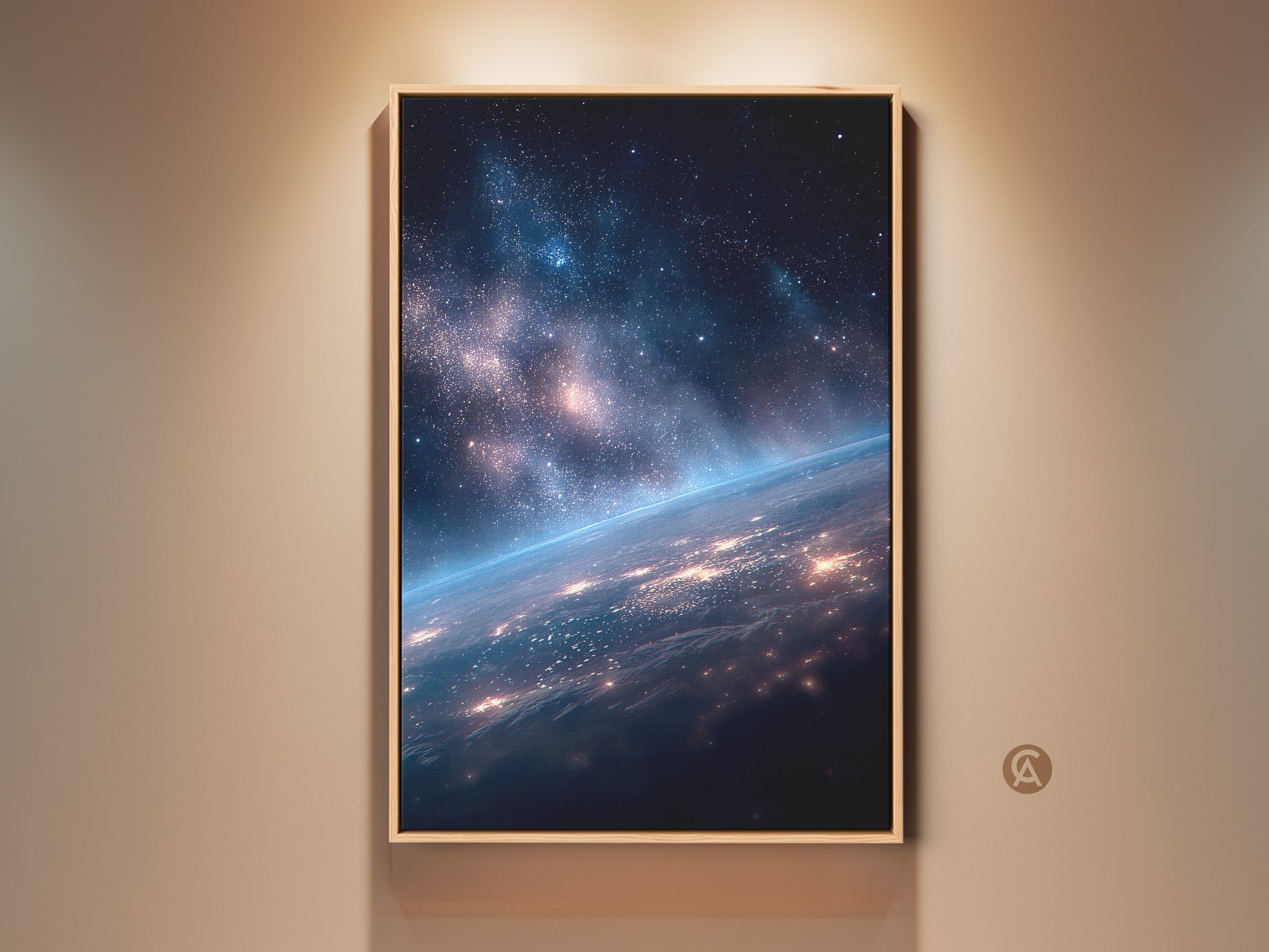 Gallery artwork of Earth from space. The city lights illuminate the planet. A blue glow surrounds the horizon. This framed art piece will add depth to your home decor. It is a great conversation starter.