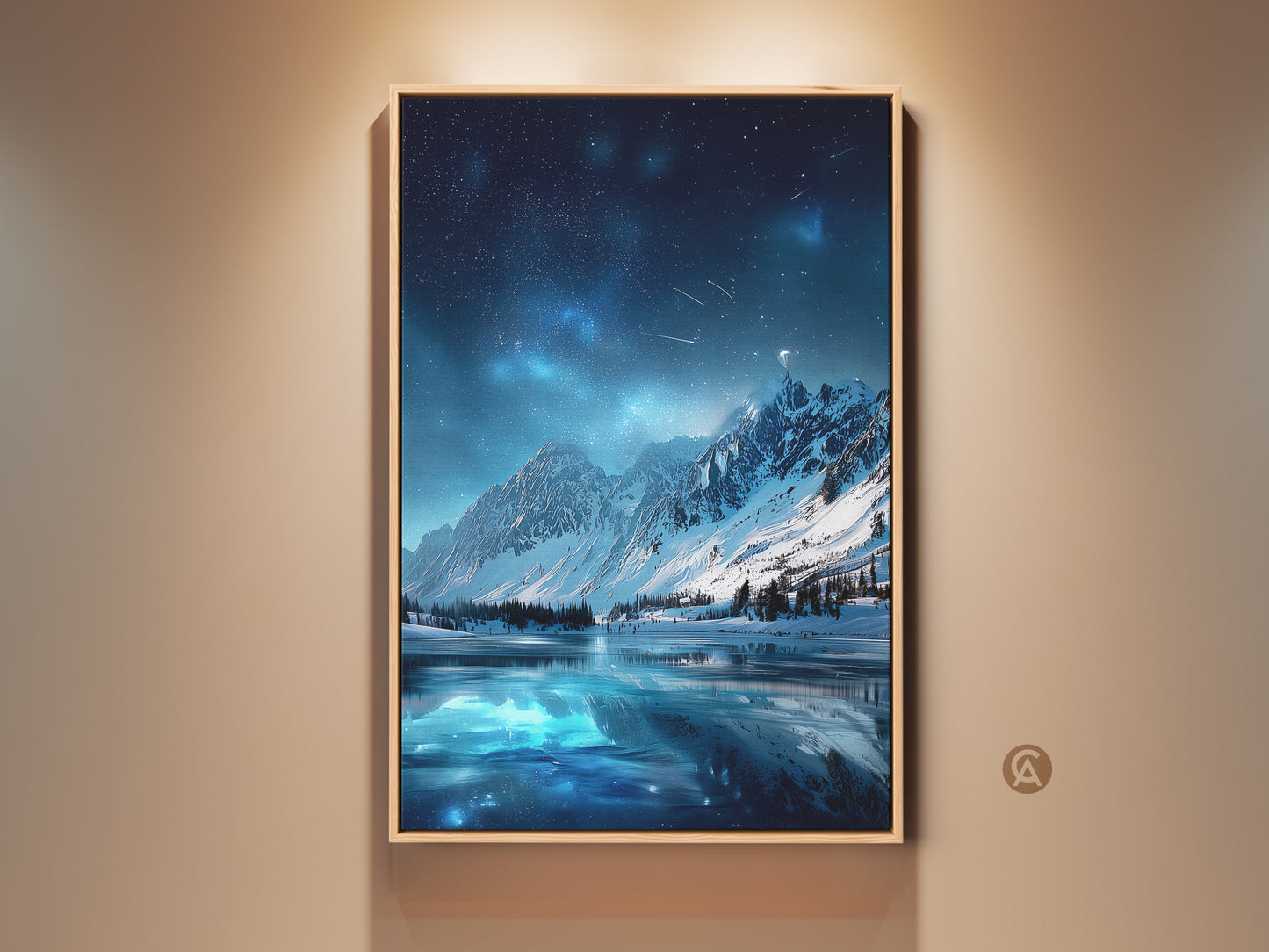 Gallery view of Starry Night Sky Over Mountain Lake Canvas Art. The deep blue fantasy landscape print adds celestial home decor. This housewarming gift is great for stargazers. The contemporary artwork on canvas is framed in oak.