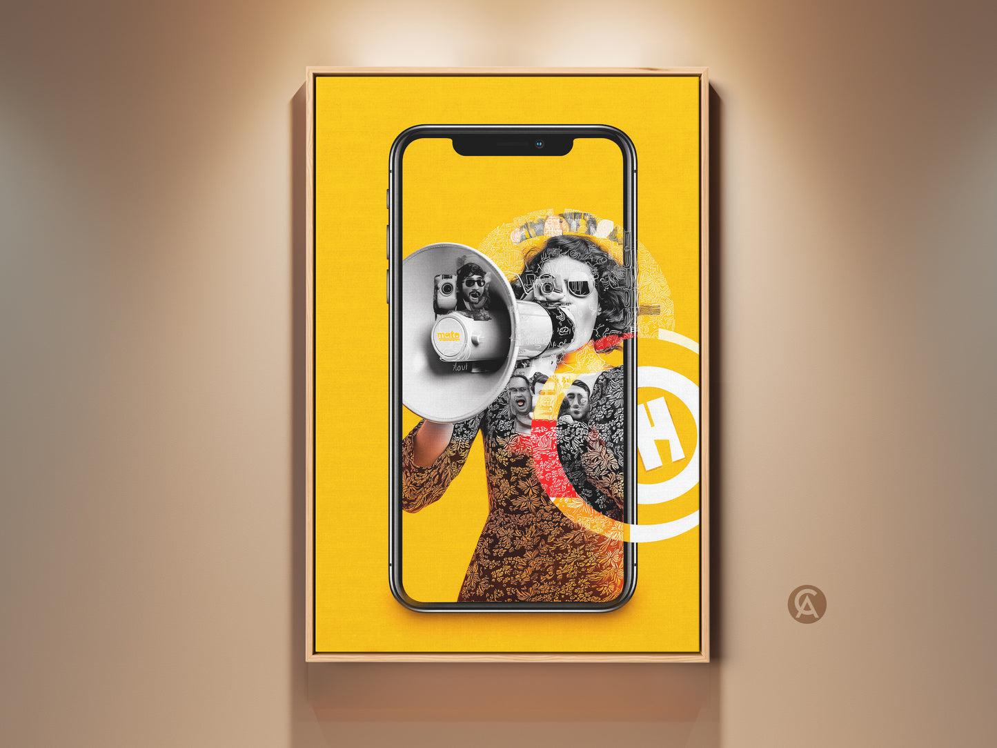 Surrealist collage canvas print featuring a vibrant yellow background. The artwork includes a megaphone and smartphone. This eclectic piece brings a pop of culture to any office or home decor. A perfect gift for gadget and media lovers seeking unique wall art.