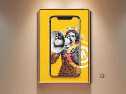 Surrealist collage canvas print featuring a vibrant yellow background. The artwork includes a megaphone and smartphone. This eclectic piece brings a pop of culture to any office or home decor. A perfect gift for gadget and media lovers seeking unique wall art.