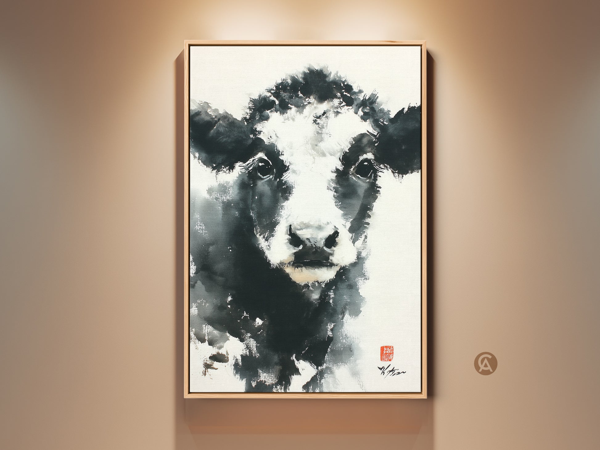 Explore this framed artwork. It features a black and white cow. The art adds a touch of rustic charm. Perfect for farmhouse or modern spaces. Shop now to elevate your home decor with animal art.