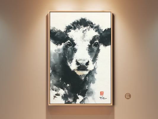 Explore this framed artwork. It features a black and white cow. The art adds a touch of rustic charm. Perfect for farmhouse or modern spaces. Shop now to elevate your home decor with animal art.